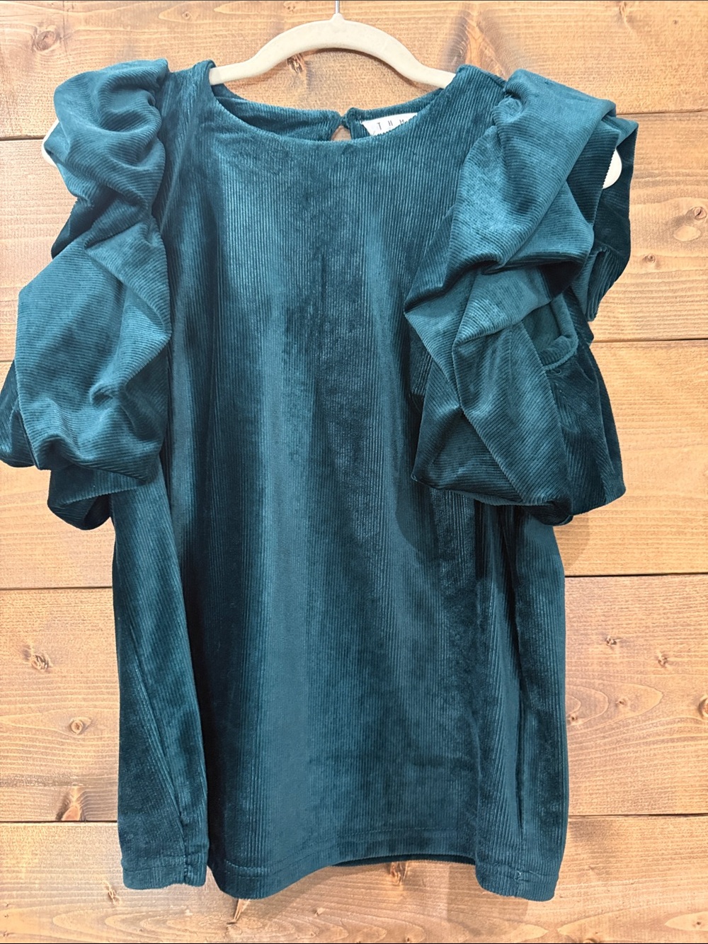 THML Teal Corduroy Like Ruffle Sleeve Top